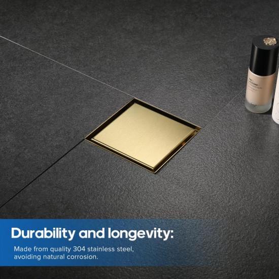 120*120mm Brushed Brass Shower Grate Floor Waste Drain Smart Tile Insert